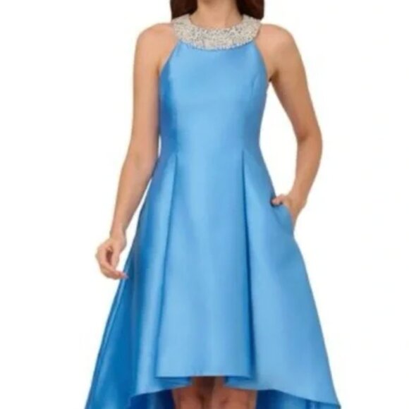 NWOT  Adrianna Papell Beaded-Neck Mikado Dress Cool Cloud - Picture 4 of 11